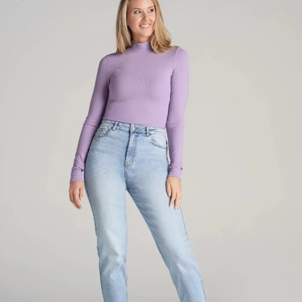 Uniqlo Ribbed Glitter High Neck LongSleeve T-Shirt Lavender Scalloped Size Small - Picture 2 of 8